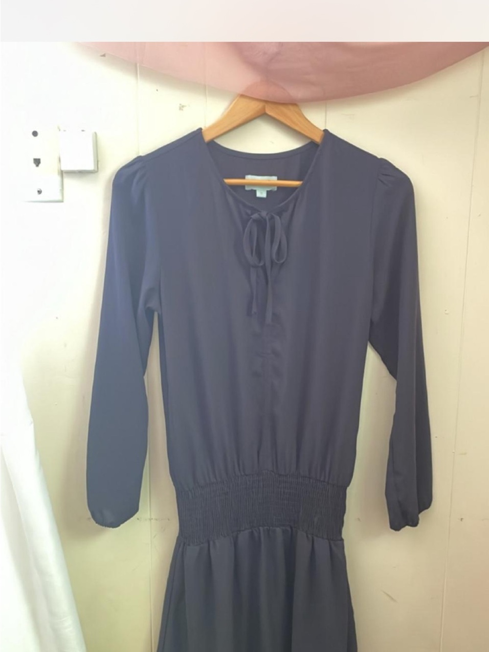 Veronica M Navy Long Sleeve Tie-Neck Smocked Waist Dress